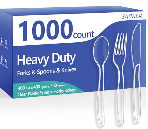SACATR 1000 Count Clear Plastic Silverware Set — Heavy Duty Forks, Spoons & Knives