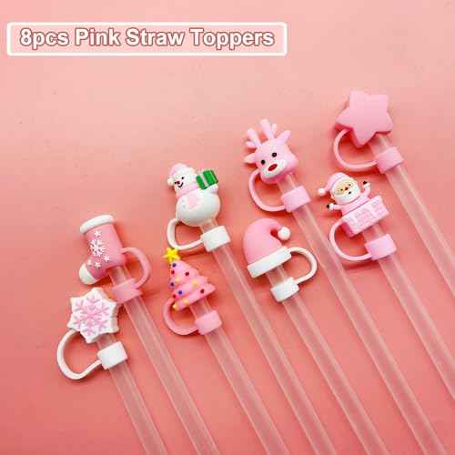 8pcs Christmas Straw Topper for Stanley Cup Accessories Santa Claus Christmas Tree 10mm Silicone Straw Covers Cap for Stanley 30 & 40 Oz Tumbler Christmas Gifts
