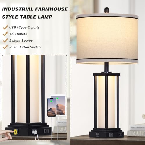27-Inch Vintage Farmhouse Table Lamp with USB-C+A Outlets, Nightlight - Black-1P