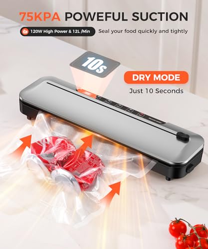 Vacuum Sealer Machine 75KPa, 6-in-1 Dry/Moist Modes, Digital Timer