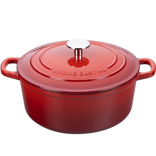 7 Quart Enamel Cast Iron Dutch Oven Pot with Lid - Red, Round, Oven Safe 500°F, Dual Handles