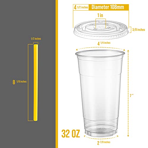 40 Sets 32 Oz Clear PET Plastic Cups with Flat Lids & Straws - Cold Drinks & Party Use