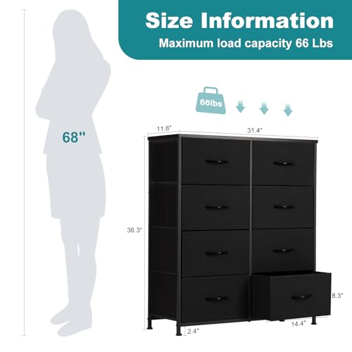 Black Dresser with 8 Fabric Drawers - Tall Bedroom Storage Organizer