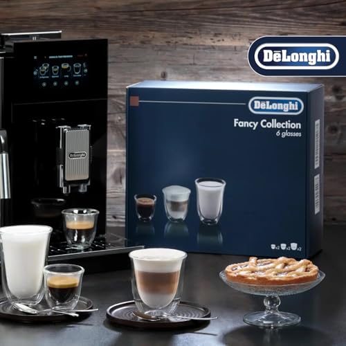 DeLonghi Glass Coffee Set - 6 Mixed Double Wall Borosilicate Glasses - Espresso, Cappuccino, Latte Macchiato