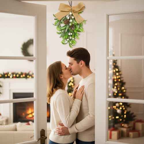 12 '' Large Christmas Mistletoe Decor Xmas Holiday Artificial Mistletoe Giant Kissing Hanging Bouquet Christmas Ornament with Sprigs Red White Berries for Xmas Floral Garland (1 Pcs,White)