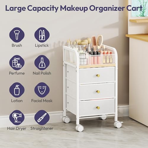 SWTYMIKI White 4-Tier Rolling Makeup Organizer Cart with 3 Large Drawers
