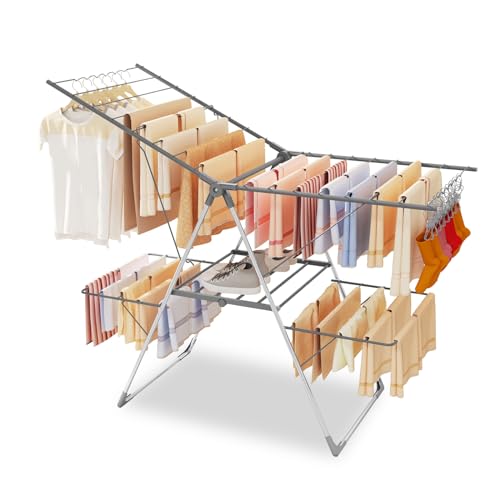 Bigzzia Foldable 2-Level Large Clothes Drying Rack - Gray, Adjustable Height