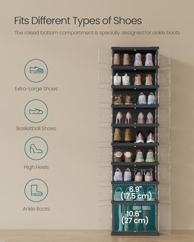 SONGMICS Foldable Shoe Storage Organizer 9-Tier Transparent + Ink Black, Holds 18 Pairs
