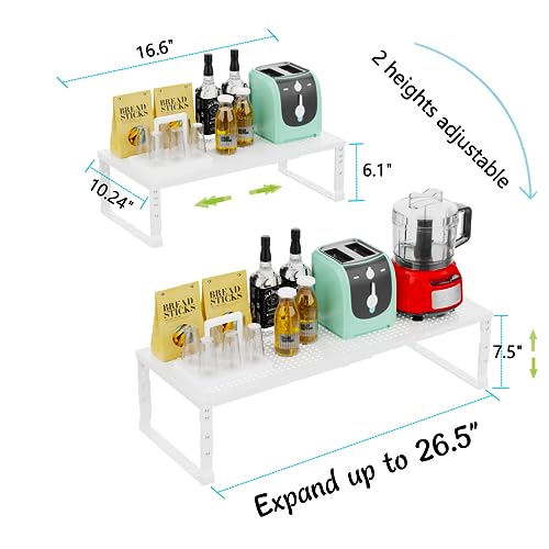 Jojocross Expandable White Metal Kitchen Organizer - 2 Pack, Adjustable & Stackable Spice & Pantry Shelves, 10.24"D x 16.6"–26.5"W