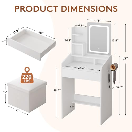 24-Inch White Makeup Vanity Set with Lighted Mirror & Storage Stool