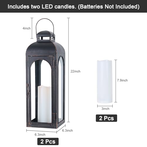NEEDOMO 22-Inch Set of 2 Bronze Metal Lanterns with Tempered Glass Panels - Indoor & Outdoor Decorative Hurricane Lights