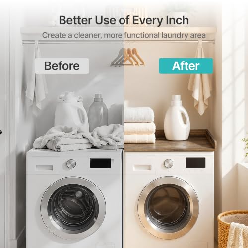 PEGZONE 1-Tier Water-Resistant Countertop Laundry Shelf with Adjustable Hooks, Brown