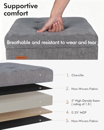 ABHENG Steel Frame Square Storage Ottoman - 17.7" Gray Chenille Cushion