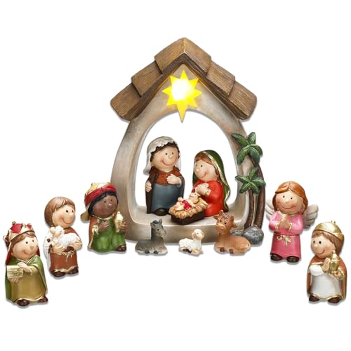 MACLARONX 12-Piece Small Christmas Nativity Scene with LED Lights - Resin Tabletop Decor