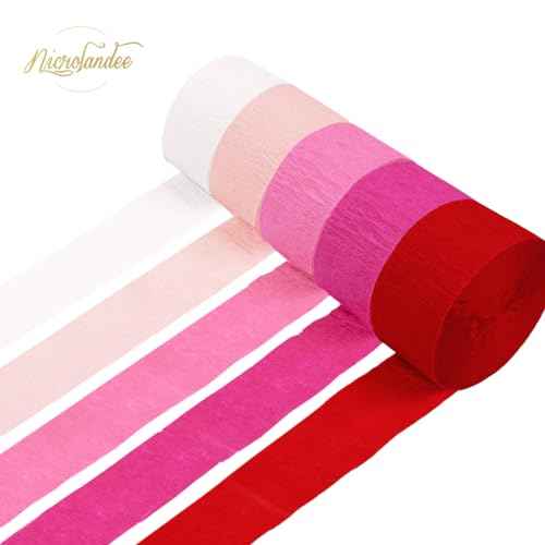 NICROLANDEE 5 Rolls Pink Red White Crepe Paper Streamers for Wedding, Birthday, Valentine's Day Decorations, Bachelorette, Bridal Baby Shower, Backdrop or Photo Booth