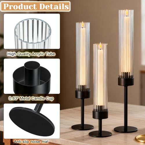 Metal & Acrylic Taper Candle Holders with Ribbed Design - Hurricane