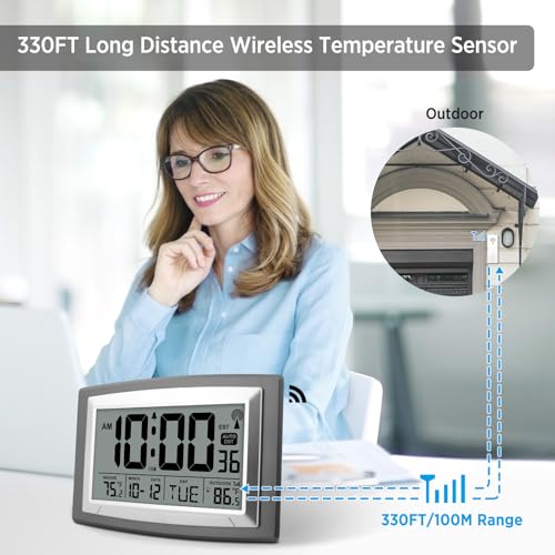 WallarGe 12.5 Inch Self-Setting Atomic Wall Clock with Indoor/Outdoor Temp