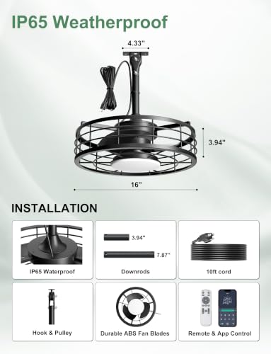 Black 16-inch Outdoor Ceiling Fan with Light & Plug-in Cord for Gazebos