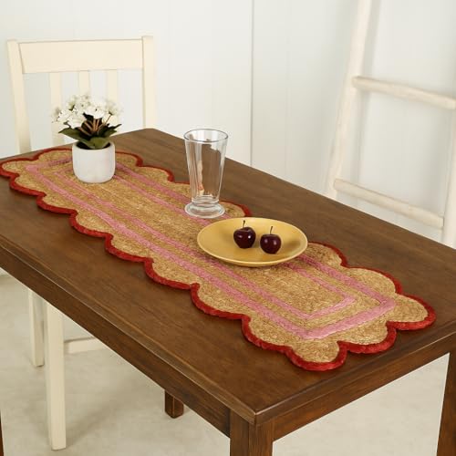 Madhu International Handwoven Jute Table Runner 13x48 Inch with Pink & Red Border, Scalloped Edge, Farmhouse & Boho Decor