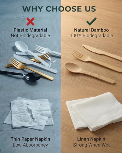 50 Pack Pre-Rolled Bamboo Silverware Set with Napkins - Eco-Friendly Disposable Utensils
