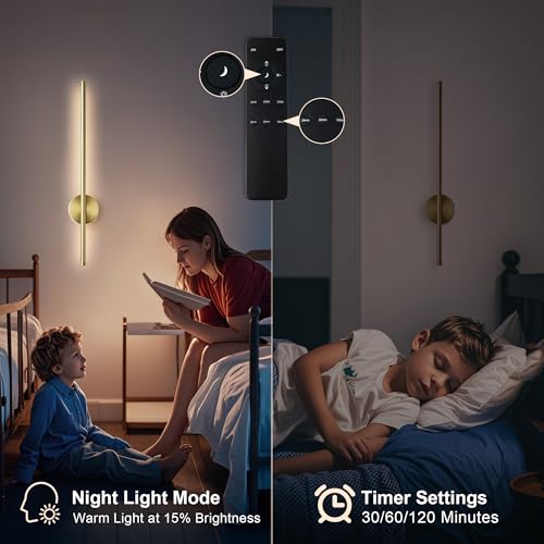 Battery Operated Modern Wall Sconce Set of Two - Brass, 23.6 Inch - Wireless, Remote & Touch Control