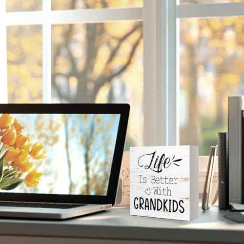 Funny Farmhouse Wood Box Sign Wall Decor, Life Is Better With Grandkids Wood Block Sign Wall Decorate, Grandparents Gift Rustic Home Office Desk Tabletop Shelf Decoration