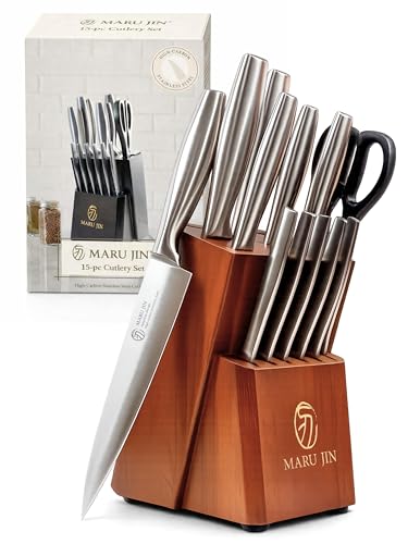 Japanese 15-Piece Knife Block Set with Built-In Sharpener, High Carbon Stainless Steel, Wooden - Wooden / 15 Pcs