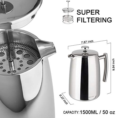 50-Ounce French Press Coffee Maker Stainless Steel Insulated with Extra Screen