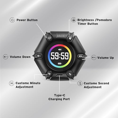 Black Digital Pomodoro Timer 3/5/10/25/30/60 Min Preset Silent Alarm