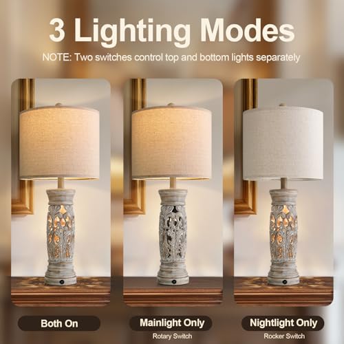 27.25” Farmhouse Table Lamps Set of 2 with Night Light, Distressed Light Wood Finish