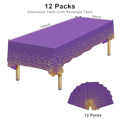 Ammbeetty 12 Pack Purple Gold Disposable Plastic Tablecloths 54x108 Inch for Parties