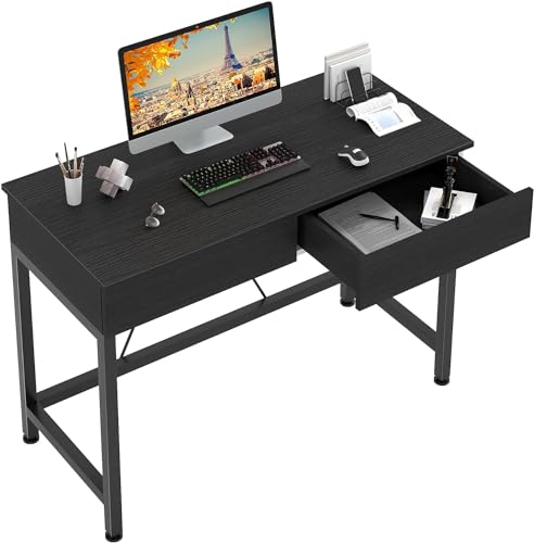 CAIYUN Small Computer Desk with Wooden Drawers - 39 Inch Black Home Office Table
