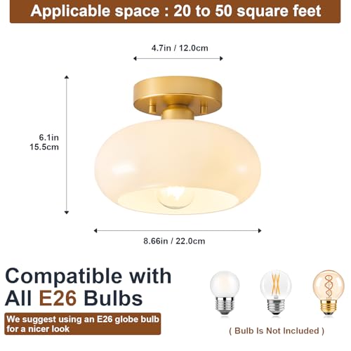 Mid-Century Modern Gold Semi Flush Ceiling Light - 8.66 Inch - White Frosted Glass