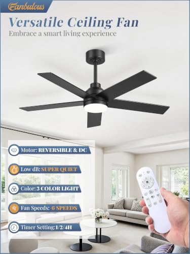 Large Ceiling Fan with Lights - 48 Inch Black Remote-Controlled Modern Fan
