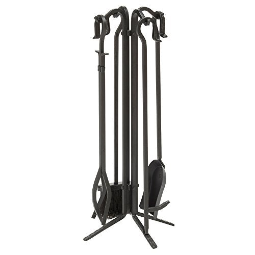 UniFlame Black Wrought Iron Fireplace Tools Set - 5-Piece Fire Tool Kit with Stand