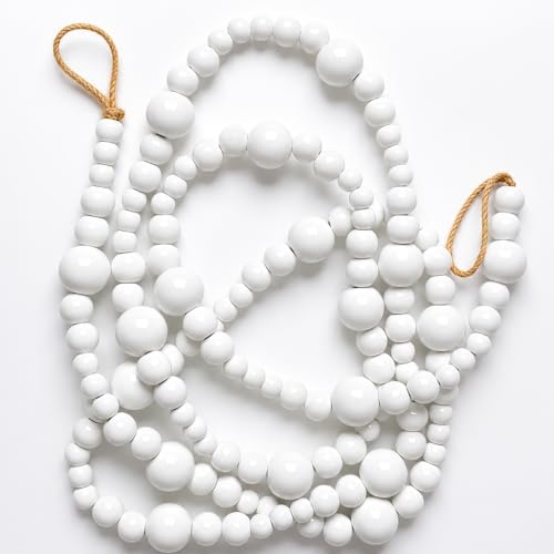 7ft White Wood Bead Garland - Rustic Christmas Decor, Tree & Mantel Accent (Brand: Woodeni) - 144 beads