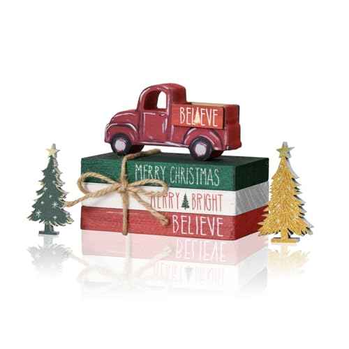 Smile Christmas Wooden Books Stack, Blieve Merry Bright Faux Books Bundle, Red Car Golden Trees Tiered Tray Decorations, for Home Table Mantle Shelf.