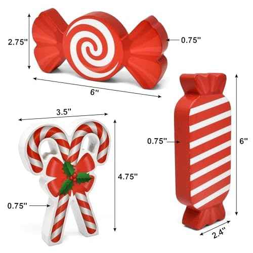 Gift Boutique - Set of 3 Christmas Candy Wooden Table Decoration Centerpiece Block Holiday Wood Red & White Peppermint Candy Cane Tiered Tray Tabletop Sign Decor for Home Xmas Party Supplies