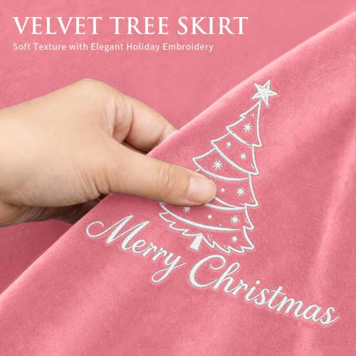 TenGlow Pink Velvet Christmas Tree Skirt 36 Inch Snowflake Embroidery - Holiday Decor