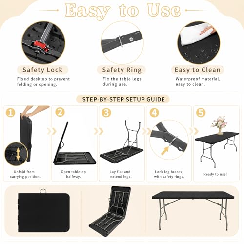 HAISIWLKJ 6FT Portable Folding Camping Table Black - Lightweight Outdoor Dining