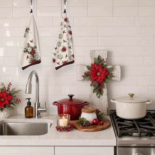 VISSTREE Multi-Poinsettia Cross Christmas Kitchen Towels Set, 2 Pcs Faith Holiday Decor