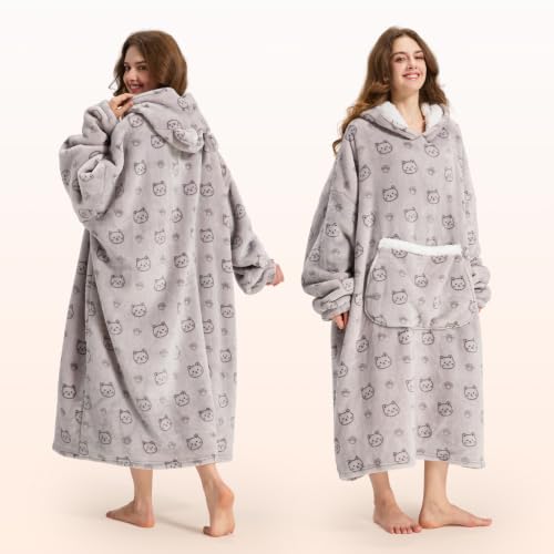 Silver Cat Wearable Blanket Hoodie for Women Men Oversized Sherpa Fleece