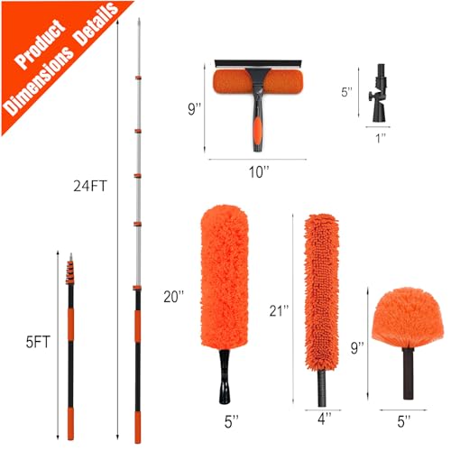 Orange 24FT Reach Duster Kit with Telescoping Pole & Microfiber Feather Duster