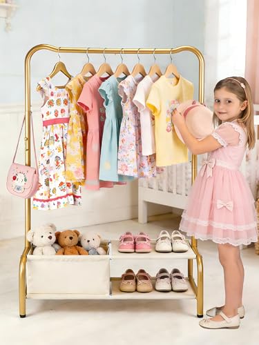Kids Clothing Rack with Shelf & Hooks - Metal Toddler Dress Up Organizer, Gold