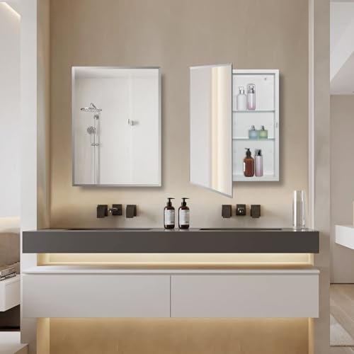 IDYLLOR White Beveled Edge Recessed or Surface Mount Bathroom Medicine Cabinet, 16x22 inch with Adjustable Shelves - Matt White