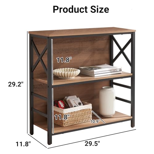 Brown 3-Tier Small Bookshelf - Industrial Metal Frame & Backboard, Rustic Compact Storage