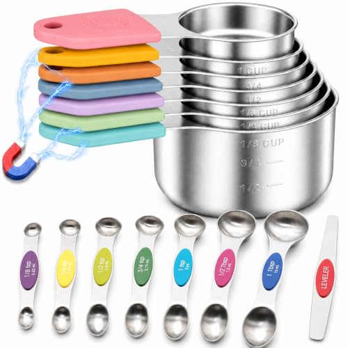 Light Colorful Magnetic Measuring Cups and Spoons Set - Heavy Duty 304 Stainless Steel