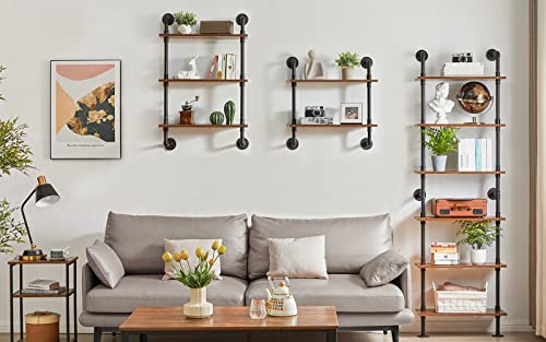 Industrial Pipe Ladder Shelf 6-Tier Wall Mounted Bookcase without Towel Holder - Rustic Brown