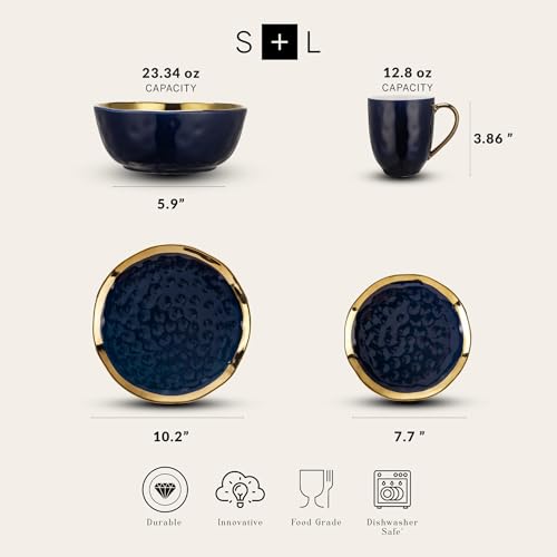 Stone Lain 16-Piece Porcelain Dinnerware Set for 4, Blue with Gold Rim, Dark Blue