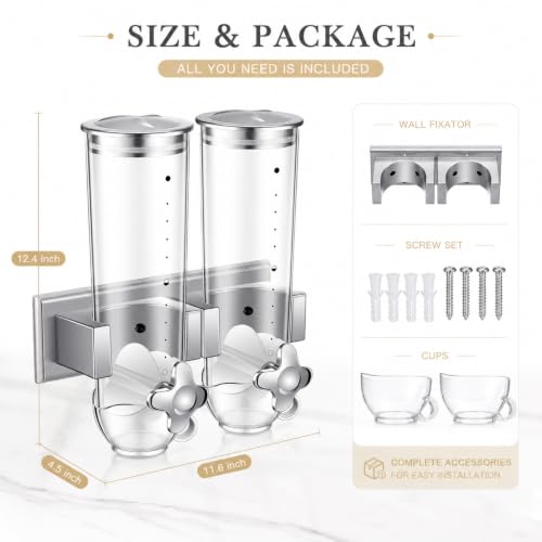 Huwena 4 Sets Wall Dispenser with 3L Cereal Storage - Silver